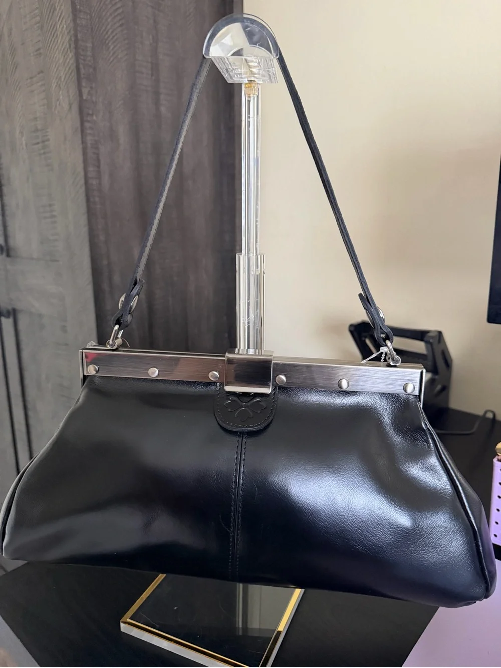 NWT Patricia Nash shoulder satchel in black leather with silver hardware